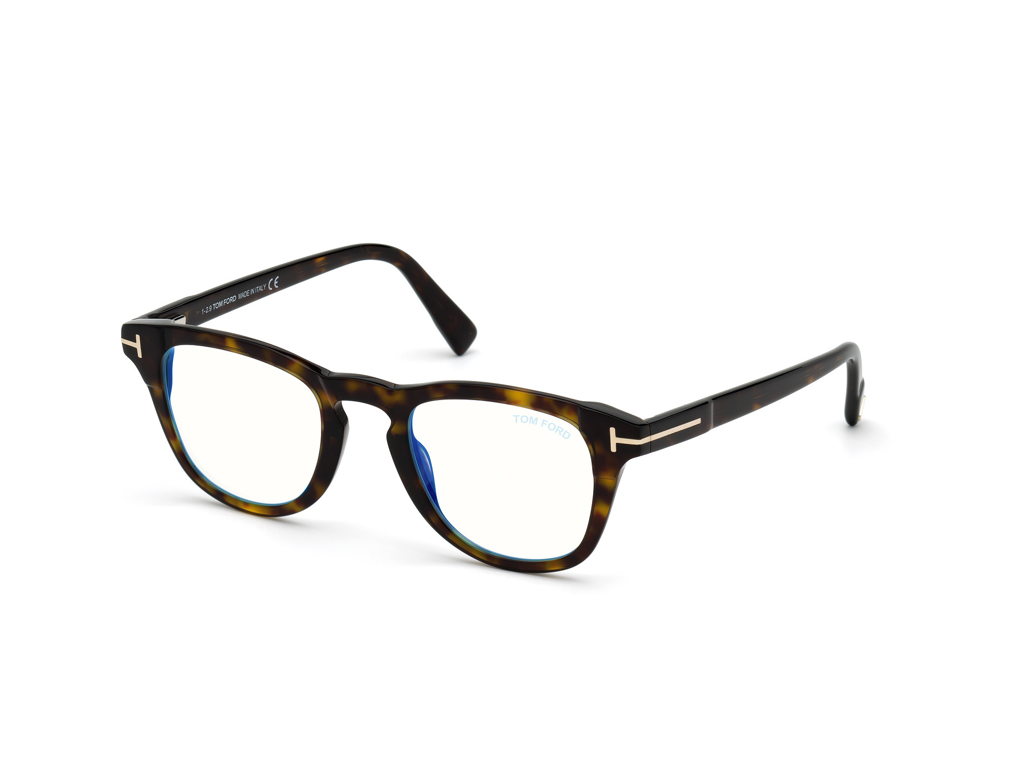 Tom Ford FT5660-B round eyeglasses in Shiny Classic Dark Havana/Blue Block Lenses