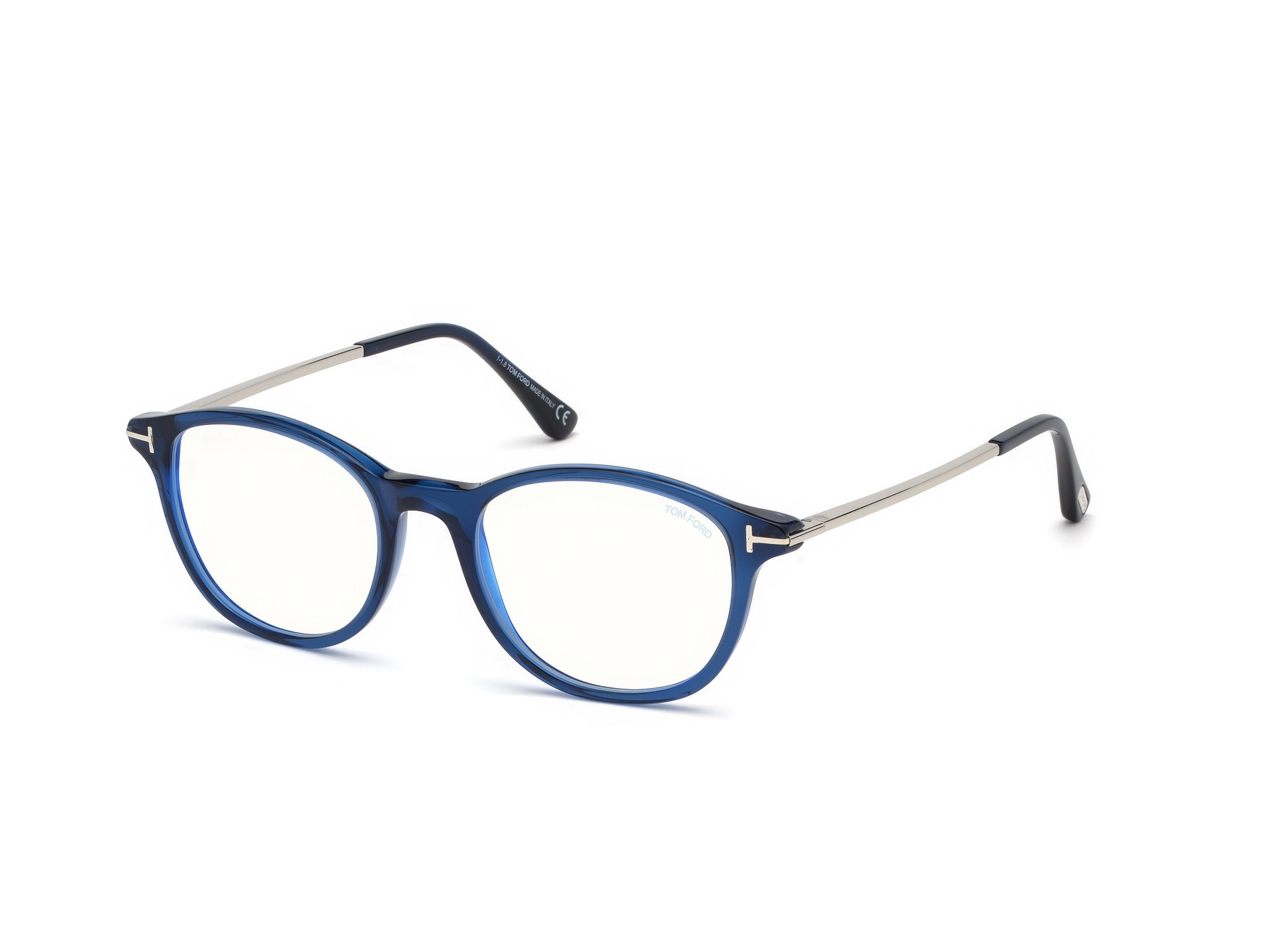 Tom Ford FT5553-F-B round eyeglasses in Shiny Transparent Blue, Shiny