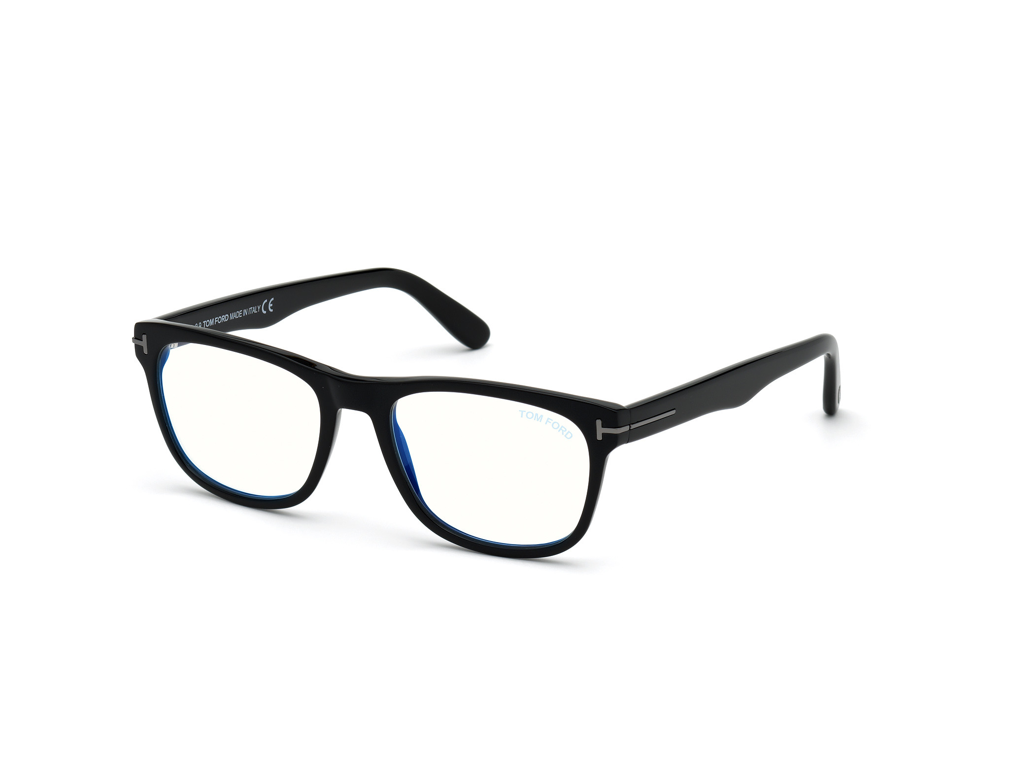 Tom Ford FT5662-F-B-N square eyeglasses in Shiny Black, Gunmetal "T"/Blue Block Lenses