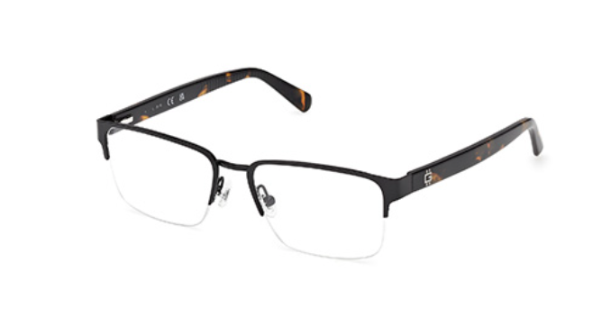 Matte black metal rectangular eyeglasses with tortoiseshell temple accents