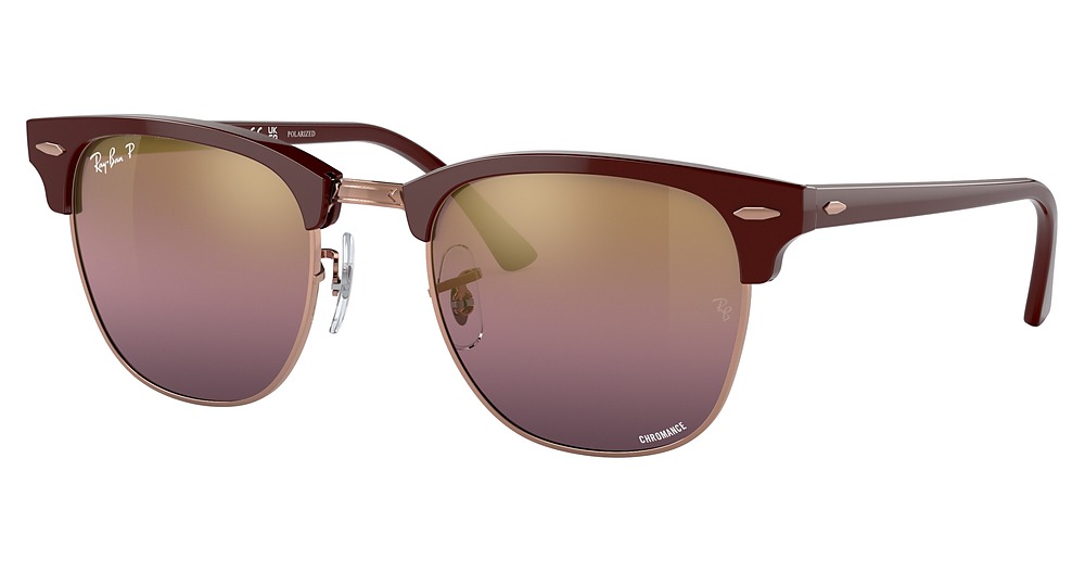 Ray-Ban RB3016F CLUBMASTER round sunglasses in Bordeaux on Rose Gold/Polarized Red