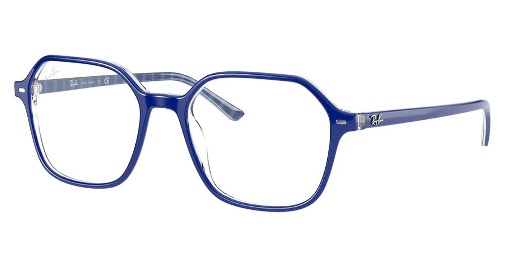 Ray-Ban RX5394 JOHN round eyeglasses in Blue on Vichy Blue/White