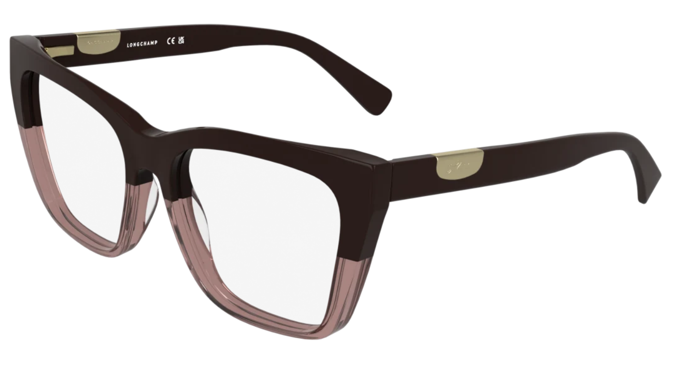 Brown and transparent rose acetate optical frames with rounded square shape and two-tone design