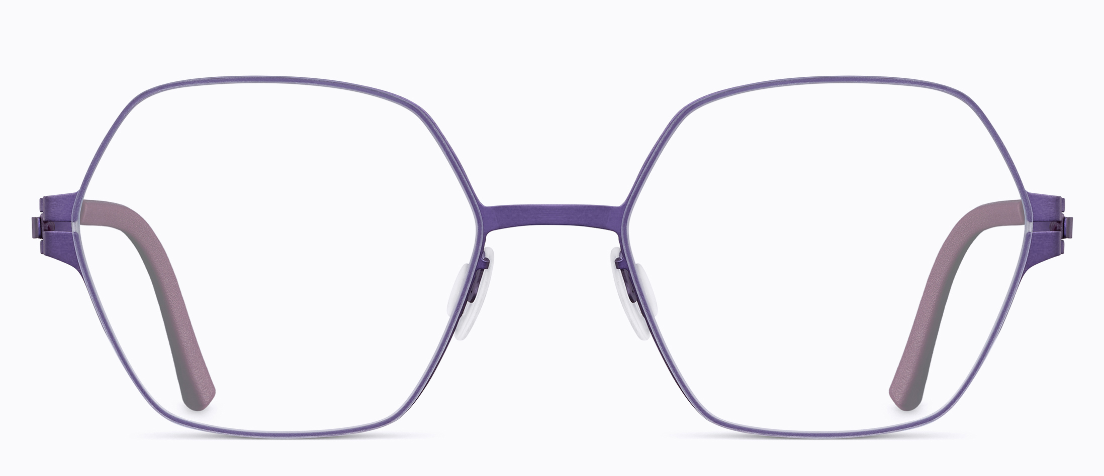 Violet metal rectangular eyeglasses with mauve acetate temples, front view