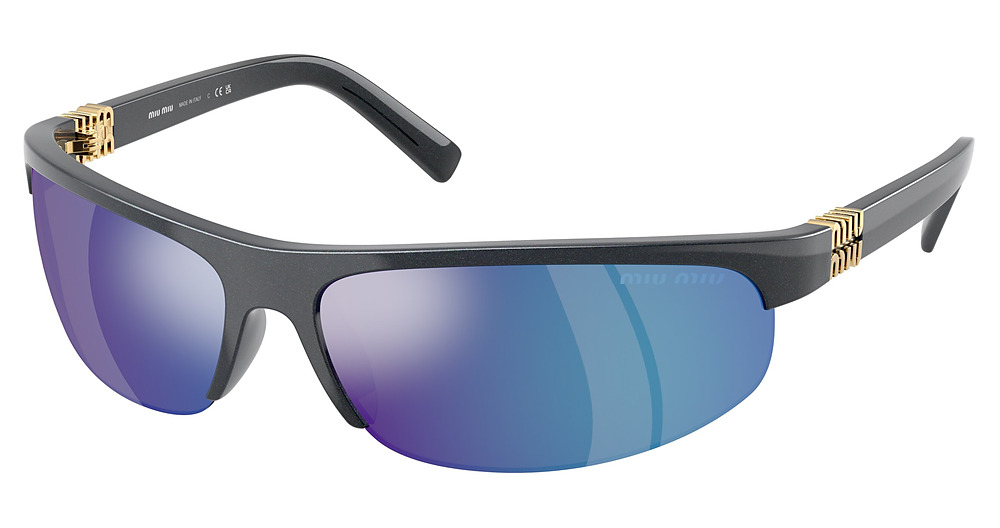 Miu Miu MU A02S rectangle sunglasses in Avio Metal/Light Green Mirror Blue