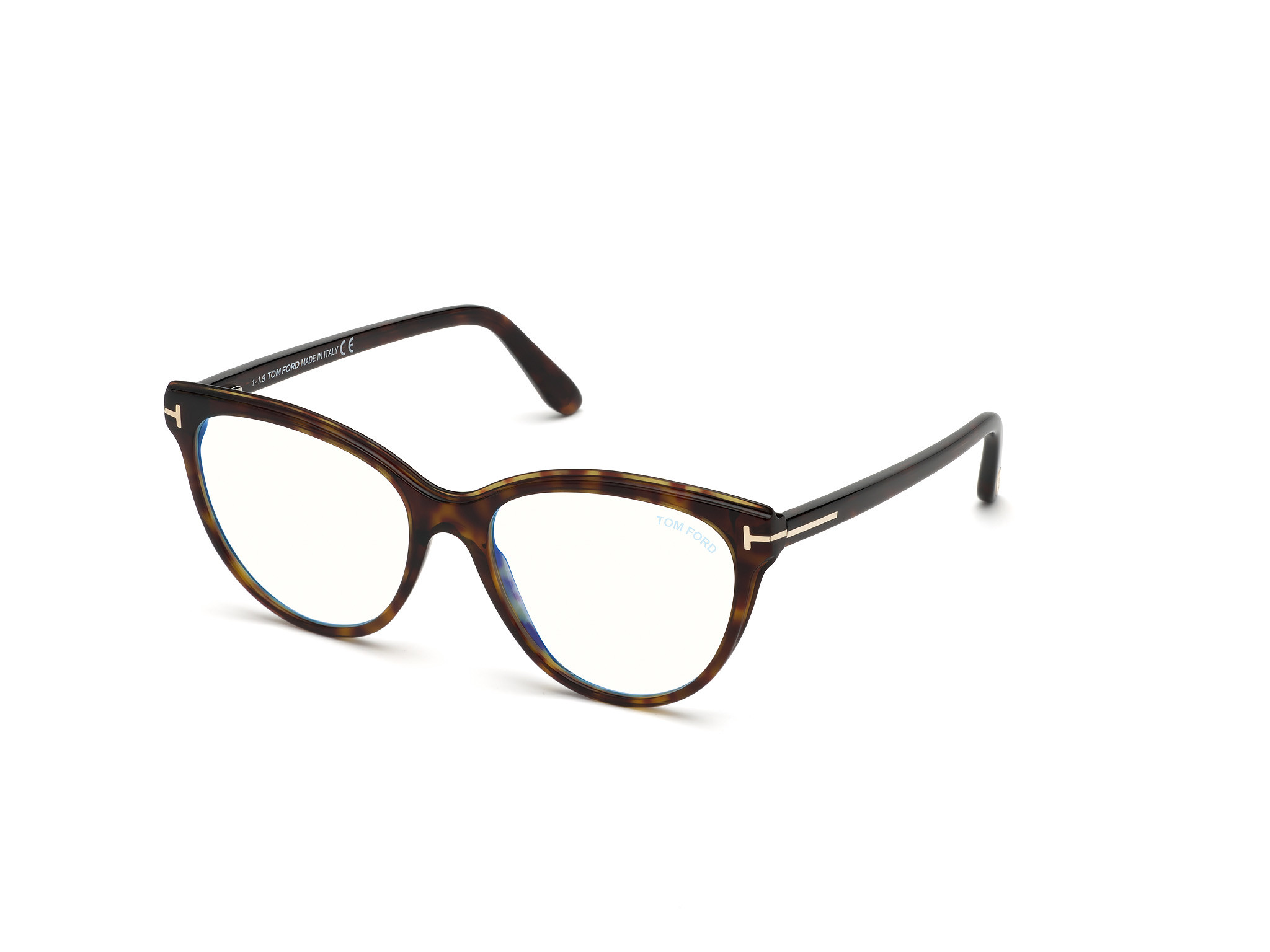 Tom Ford FT5618-B round eyeglasses in Shiny Classic Dark Havana/Blue Block Lenses