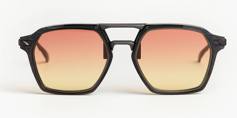 Crystal black acetate square sunglasses with gradient coral-to-cream lenses, geometric frame design