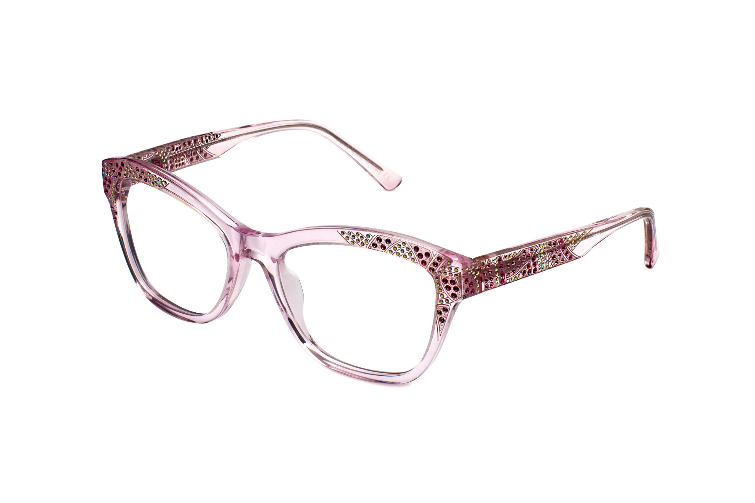 Translucent pink with light rose, alabaster and rose gold crystals and pink laserwork