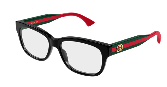 Black acetate cateye frames with red and green striped temples, Gucci logo detail