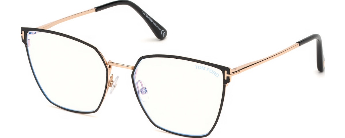 Black Enamel Front, Shiny Rose Gold, Black Tips/ Blue Block Lenses