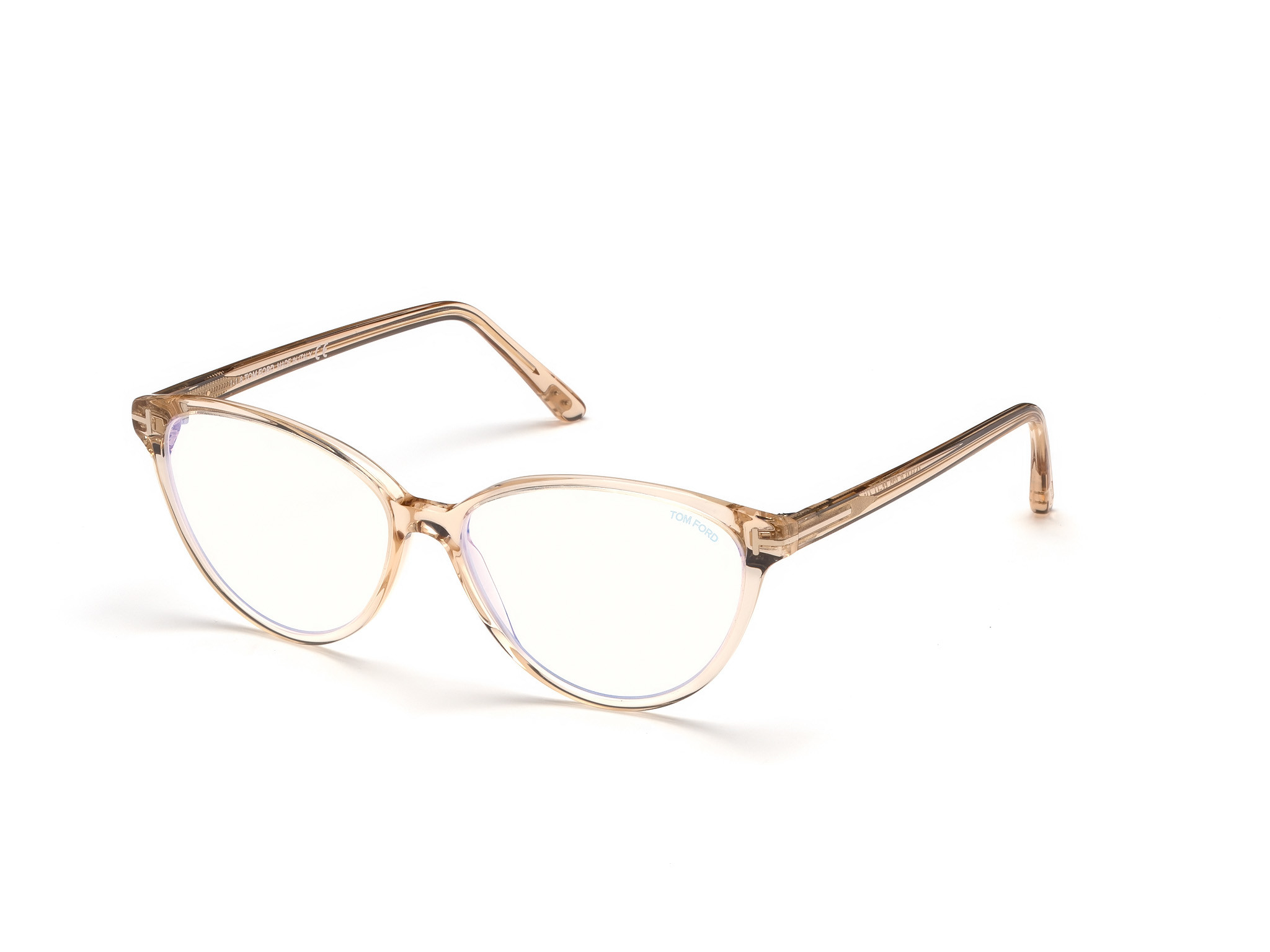 Shiny Transparent Peach, Shiny Rose Gold  "t" Logo / Blue Block Lenses