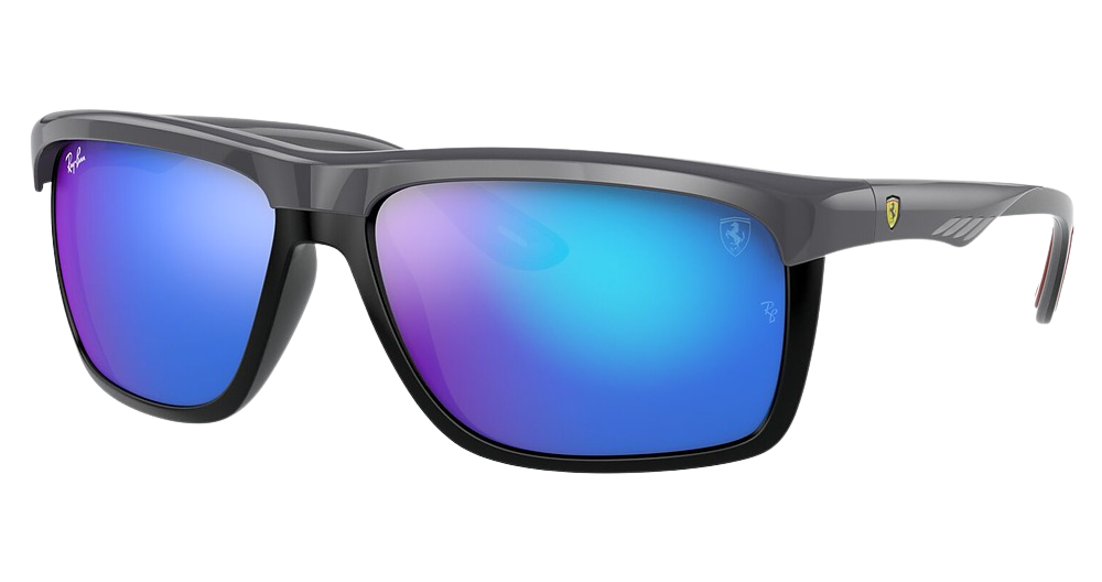 Ray-Ban RB4363M rectangle sunglasses in Grey on Matte Black/Light Green Mirror Blue