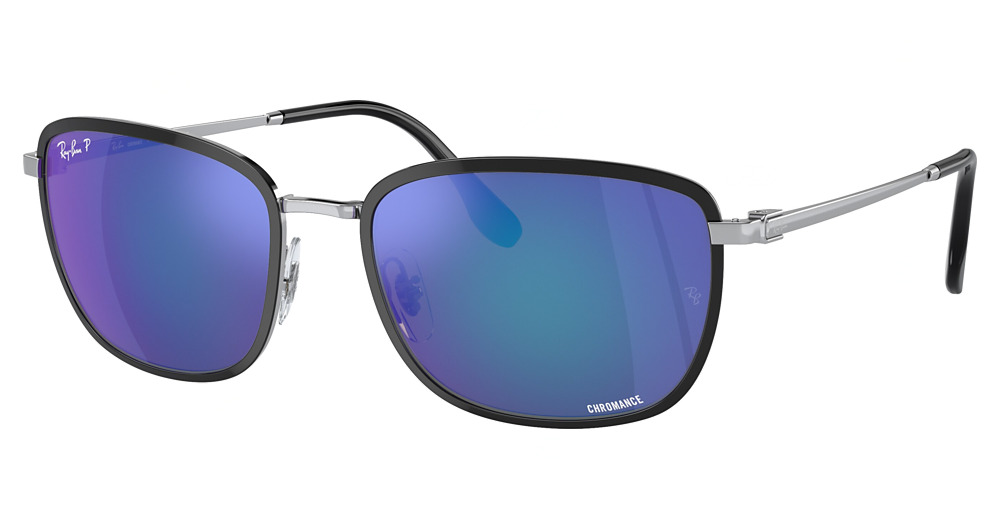 Ray-Ban RB3705 round sunglasses in Black on Silver/Polarized Grey Mirror Blue