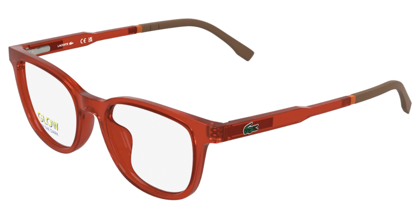 Transparent orange-red acetate rectangular eyeglasses with brown temples and Lacoste logo
