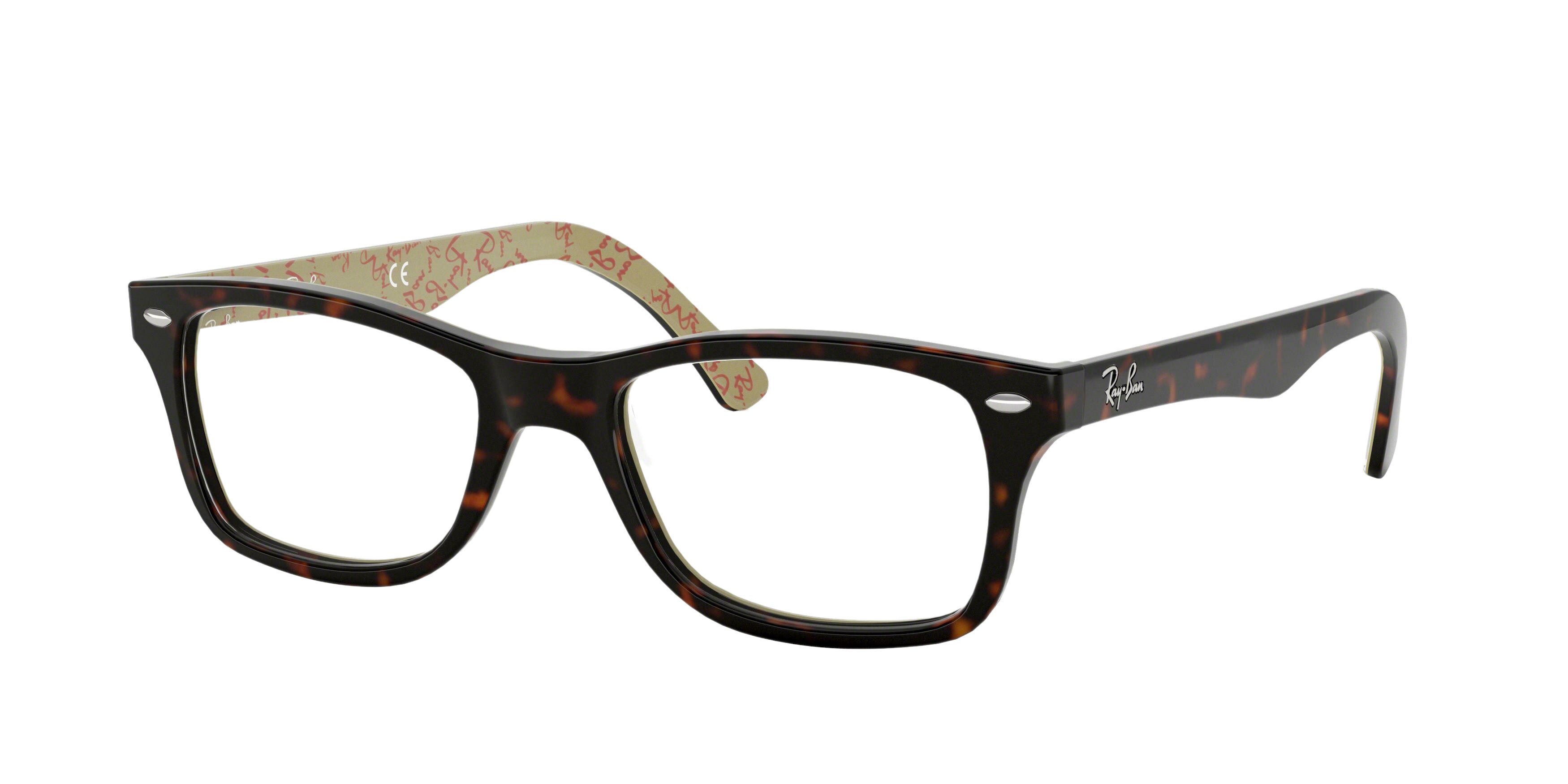 Ray-Ban RX5228 square eyeglasses in Top Dark Havana on Beige Text