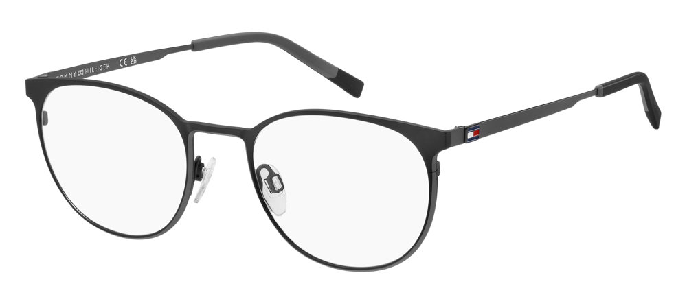 Matte black metal round eyeglasses with multicolor accents, Tommy Hilfiger style
