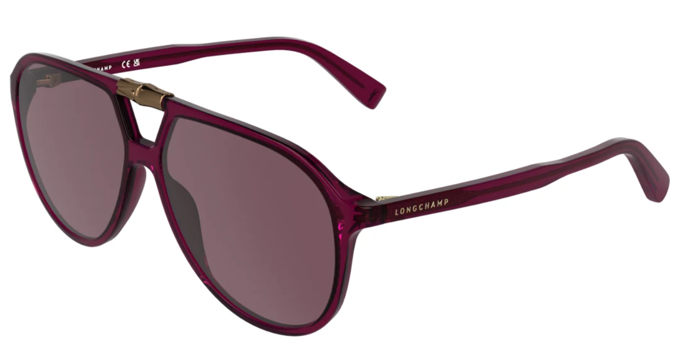 Transparent burgundy acetate aviator sunglasses with gold bridge detail and dark tinted lenses