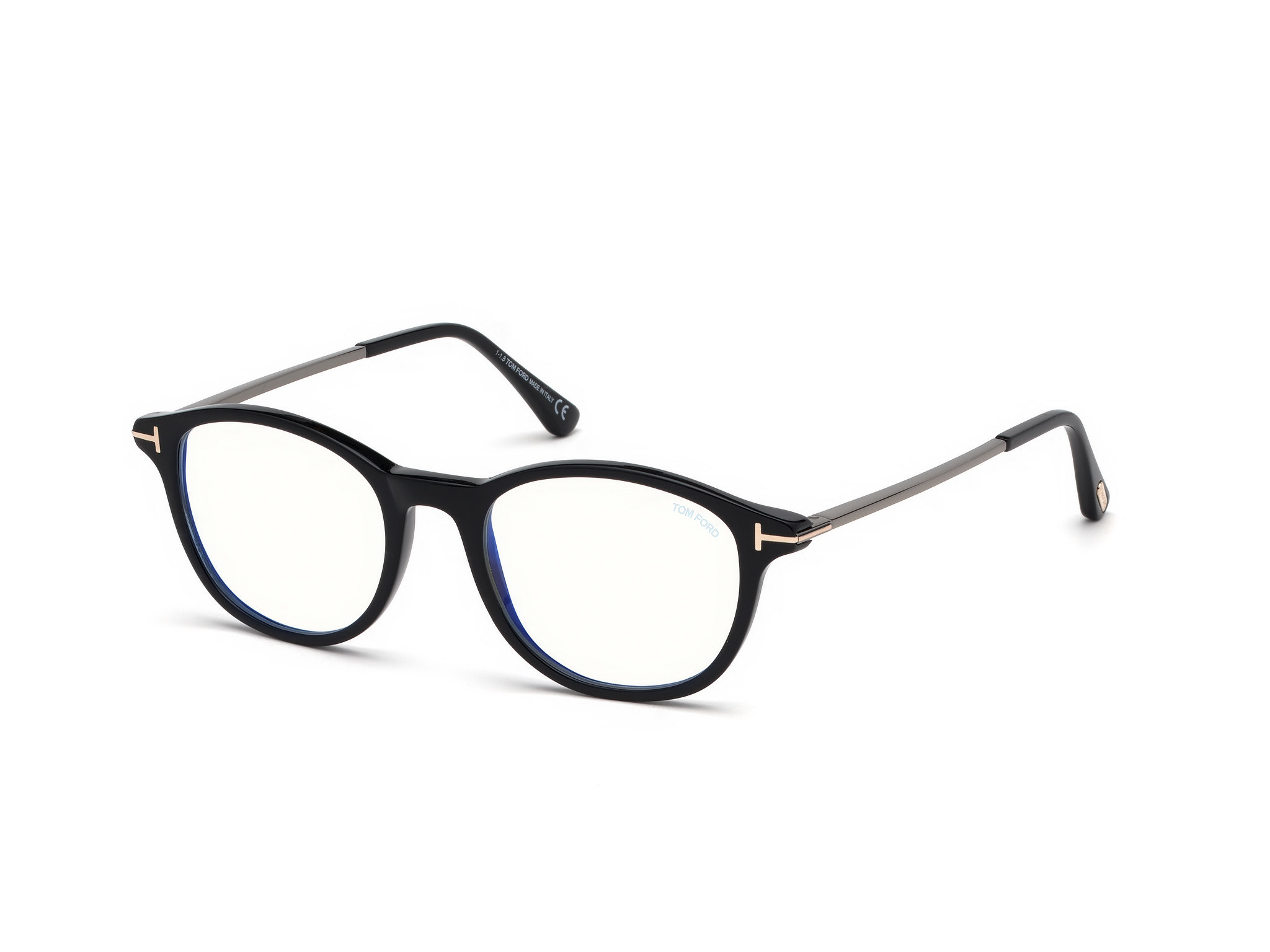 Tom Ford FT5553-F-B round eyeglasses in Shiny Black, Shiny Dark Ruthenium