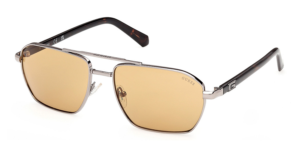 Shiny gunmetal metal aviator sunglasses with amber lenses and brown tortoiseshell temples