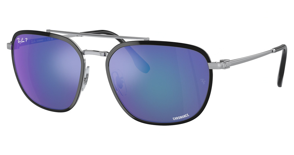 Ray-Ban RB3708 round sunglasses in Black on Silver/Polarized Grey Mirror Blue