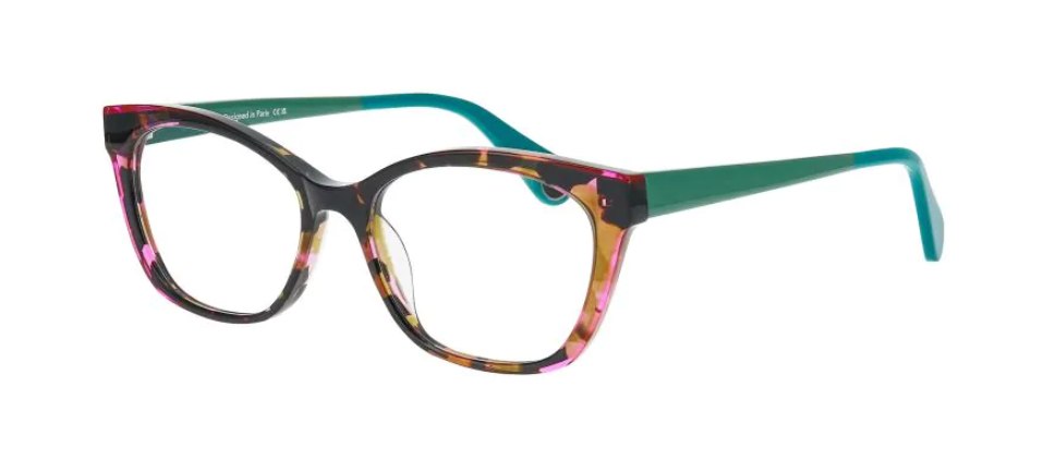 Purple and pistachio camouflage acetate rectangular frames with teal temples