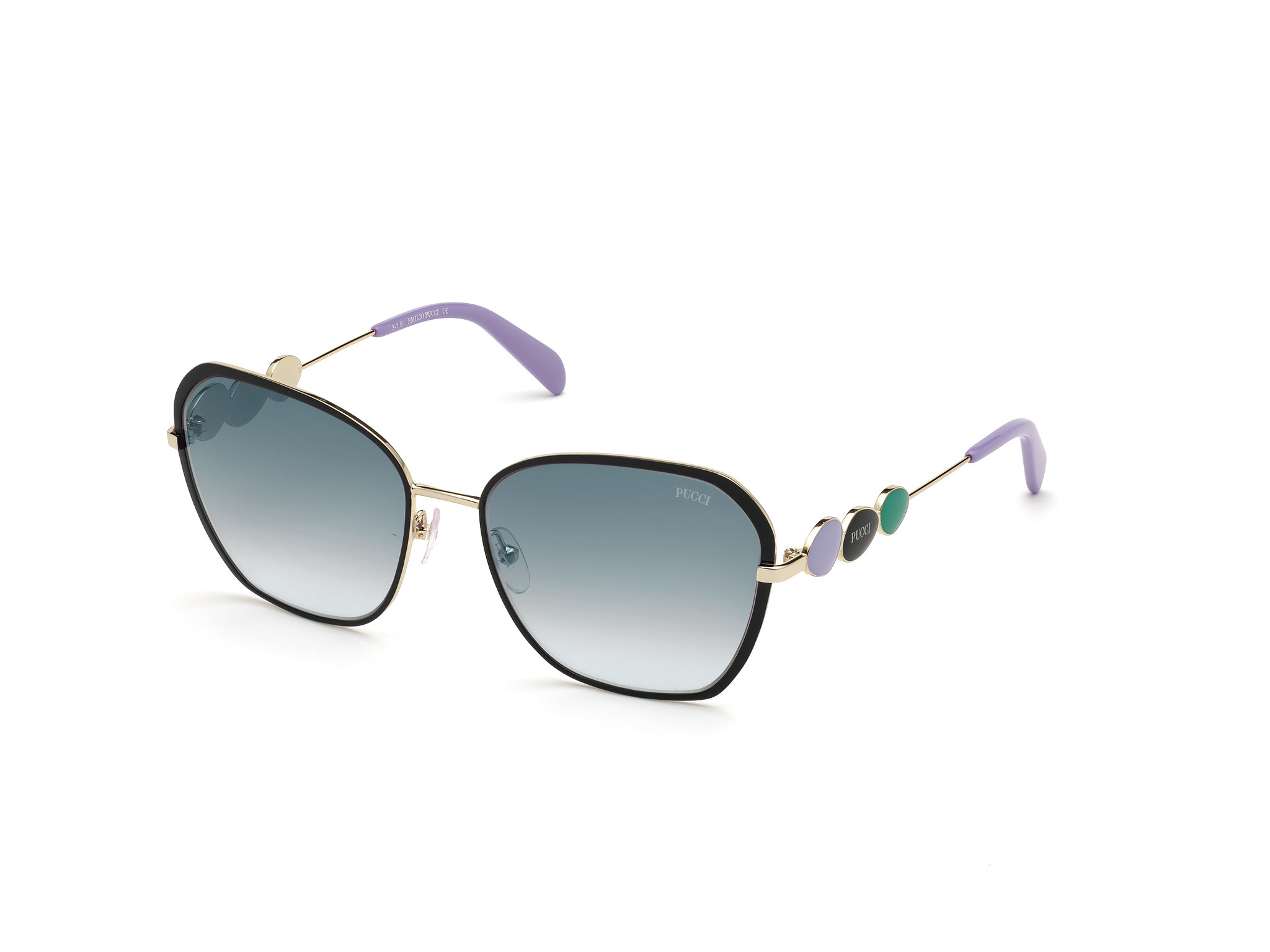 Shiny Palladium, Black Front, Lilac Tips/ Smoke-To-Blue Grad. Lenses