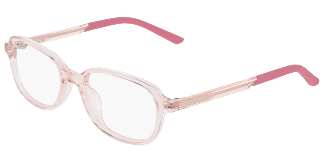 Round translucent pink acetate optical frames with peony-toned temples, kids eyewear
