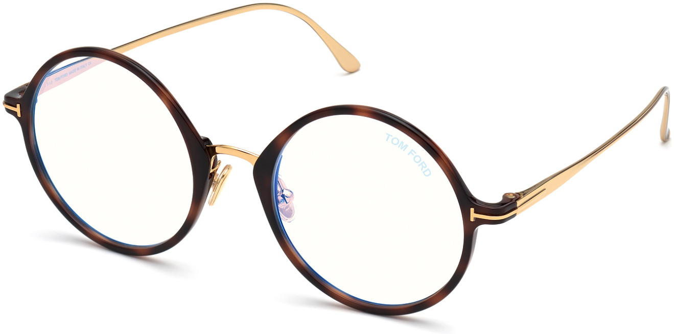 Tom Ford FT5703-B round eyeglasses in 053 Shiny Yellow Gold, "T" Logo