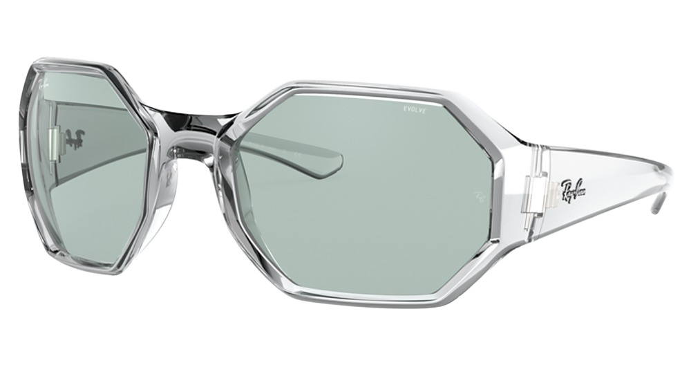 Ray-Ban RB4337 irregular sunglasses in Transparent/Evolve Photo Green To Blue