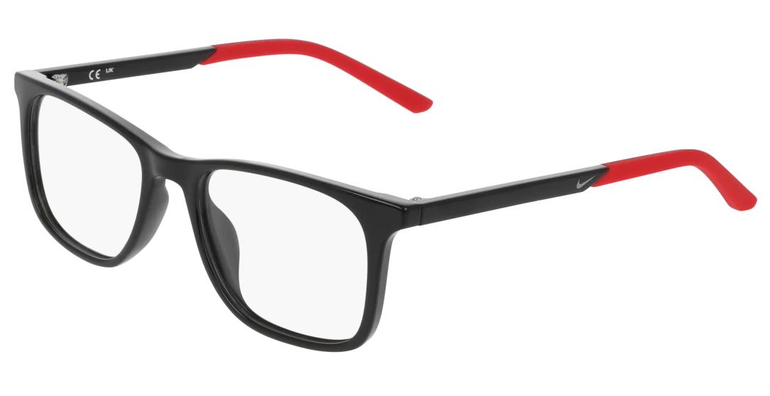 Black rectangular acetate kids' eyeglasses with red temples, Nike style
