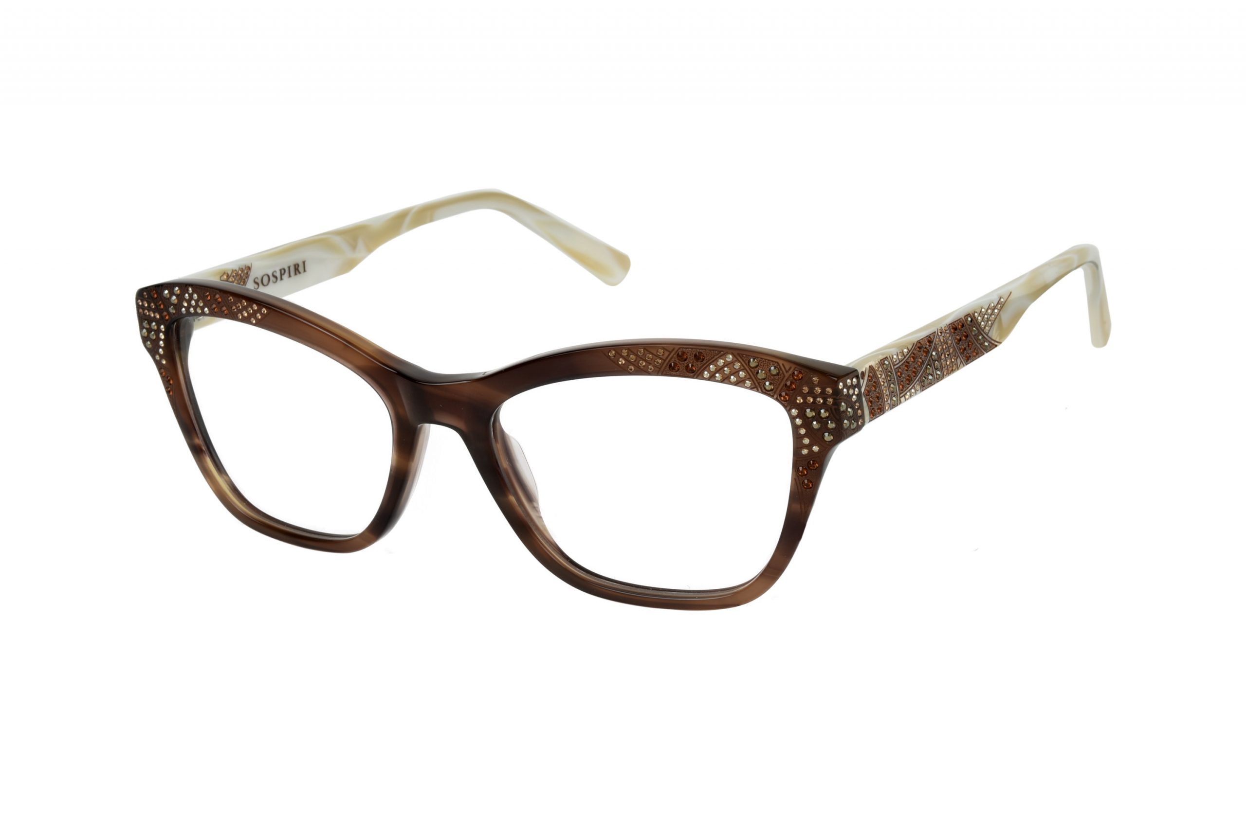 Striped brown front and horn temples with smoked topaz and gold crystals and brown laserwork
