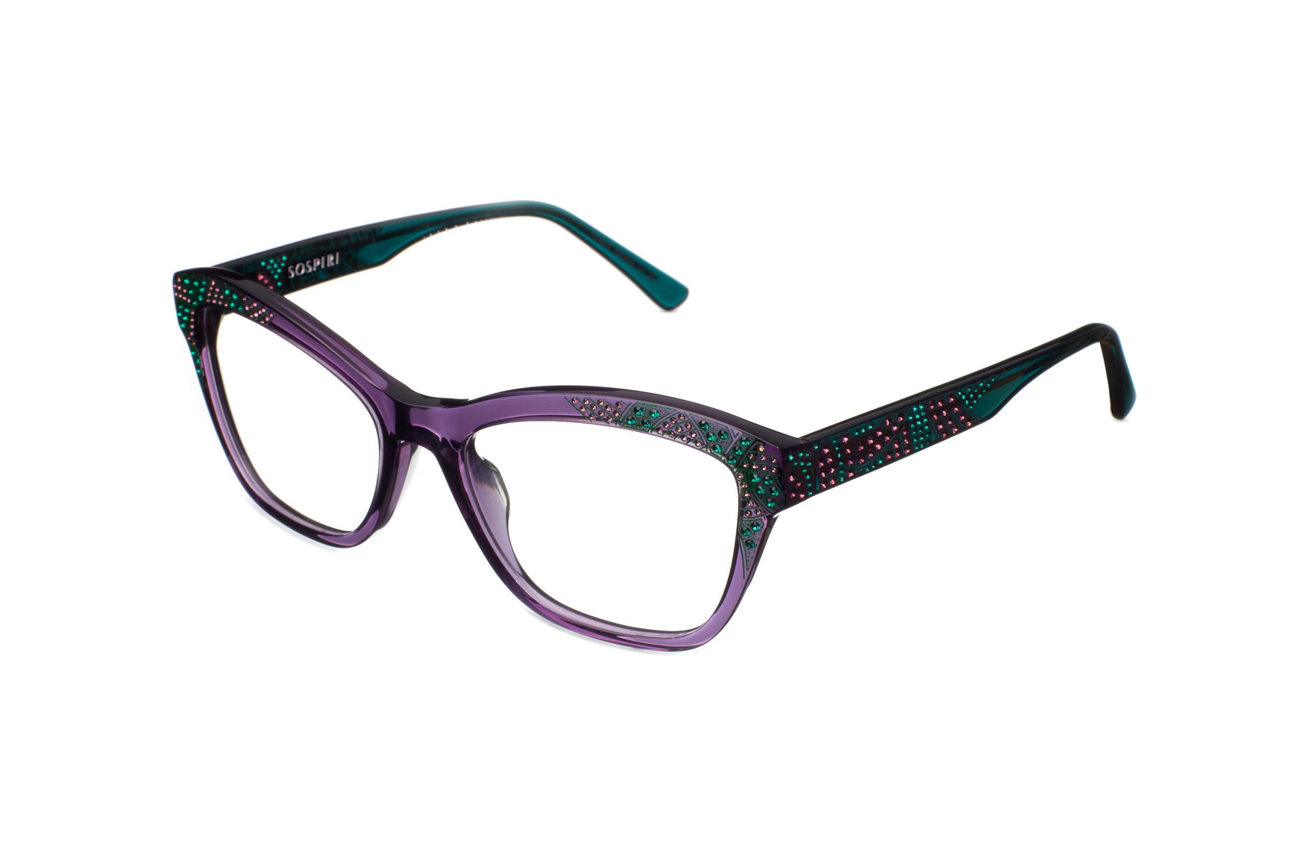Translucent purple front with emerald and amethyst crystals and translucent green temples