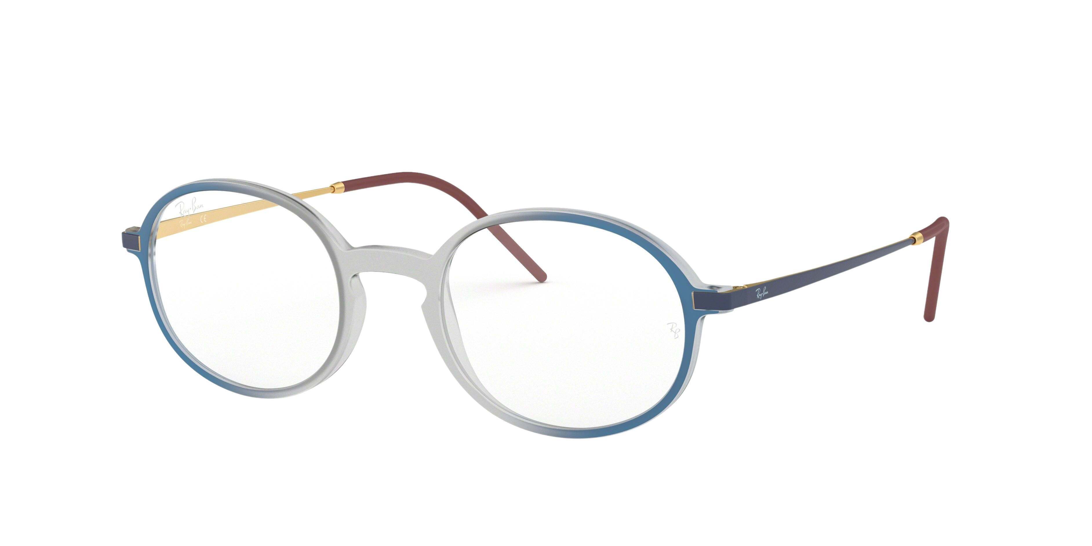 Ray-Ban RX7153 round eyeglasses in Rubber Light Grey on Top Blue