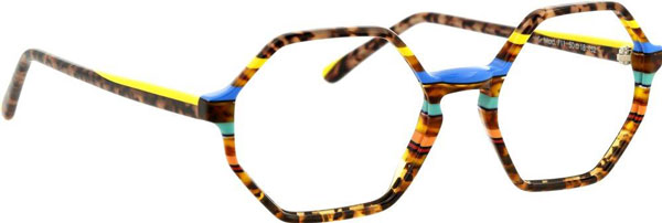 Round tortoiseshell acetate eyeglasses with blue and yellow bridge accents, Johann Von Goisern Model 711