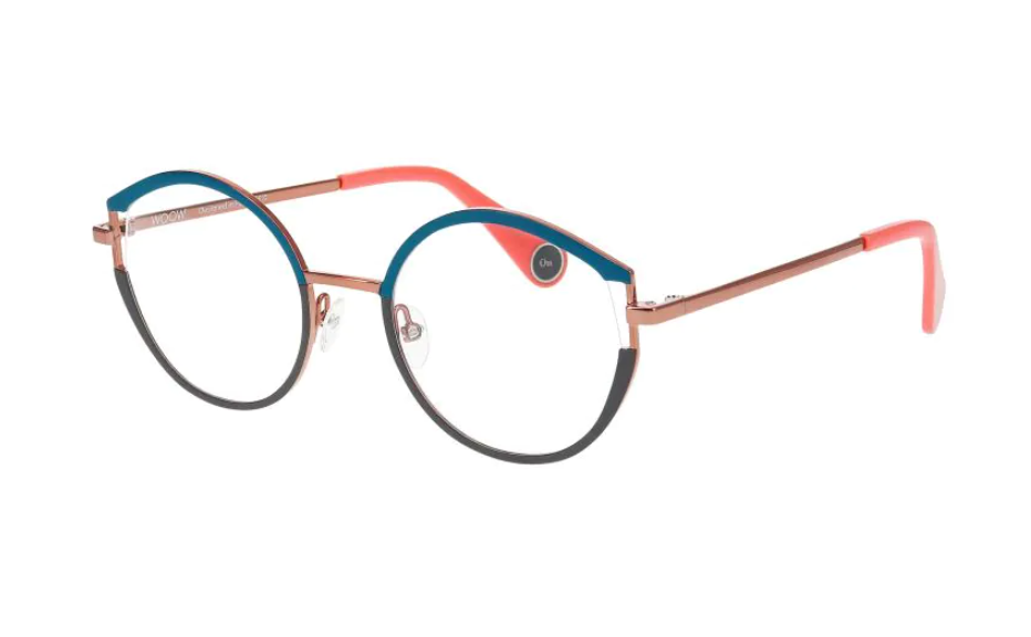 Round metal optical frames with Moroccan blue upper rims and coral-pink temples and bridge.