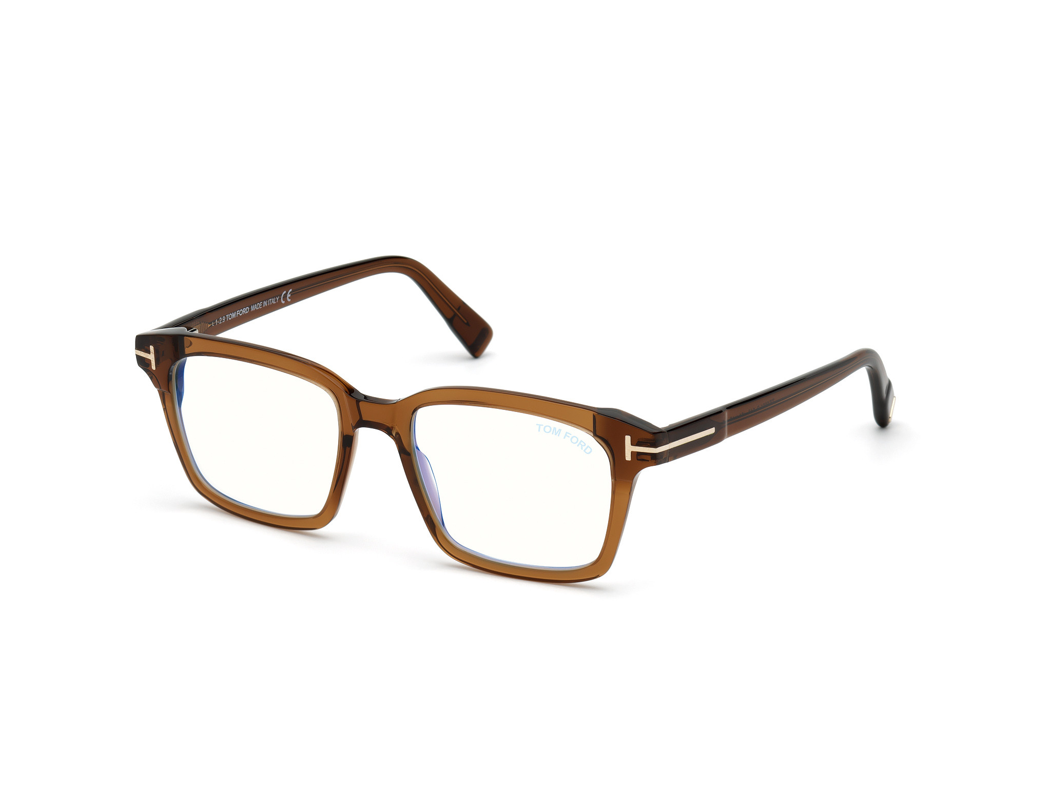 Tom Ford FT5661-B square eyeglasses in Shiny Transparent Brown/Blue Block Lenses