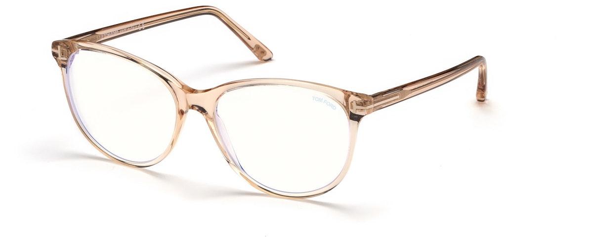 Shiny Transparent Peach, Shiny Rose Gold "t" Logo / Blue Block Lenses
