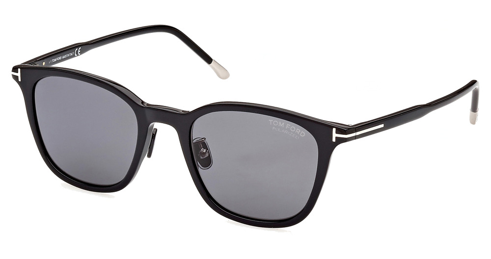 Tom Ford FT0956-D round sunglasses in Shiny Black/Smoke Polarized