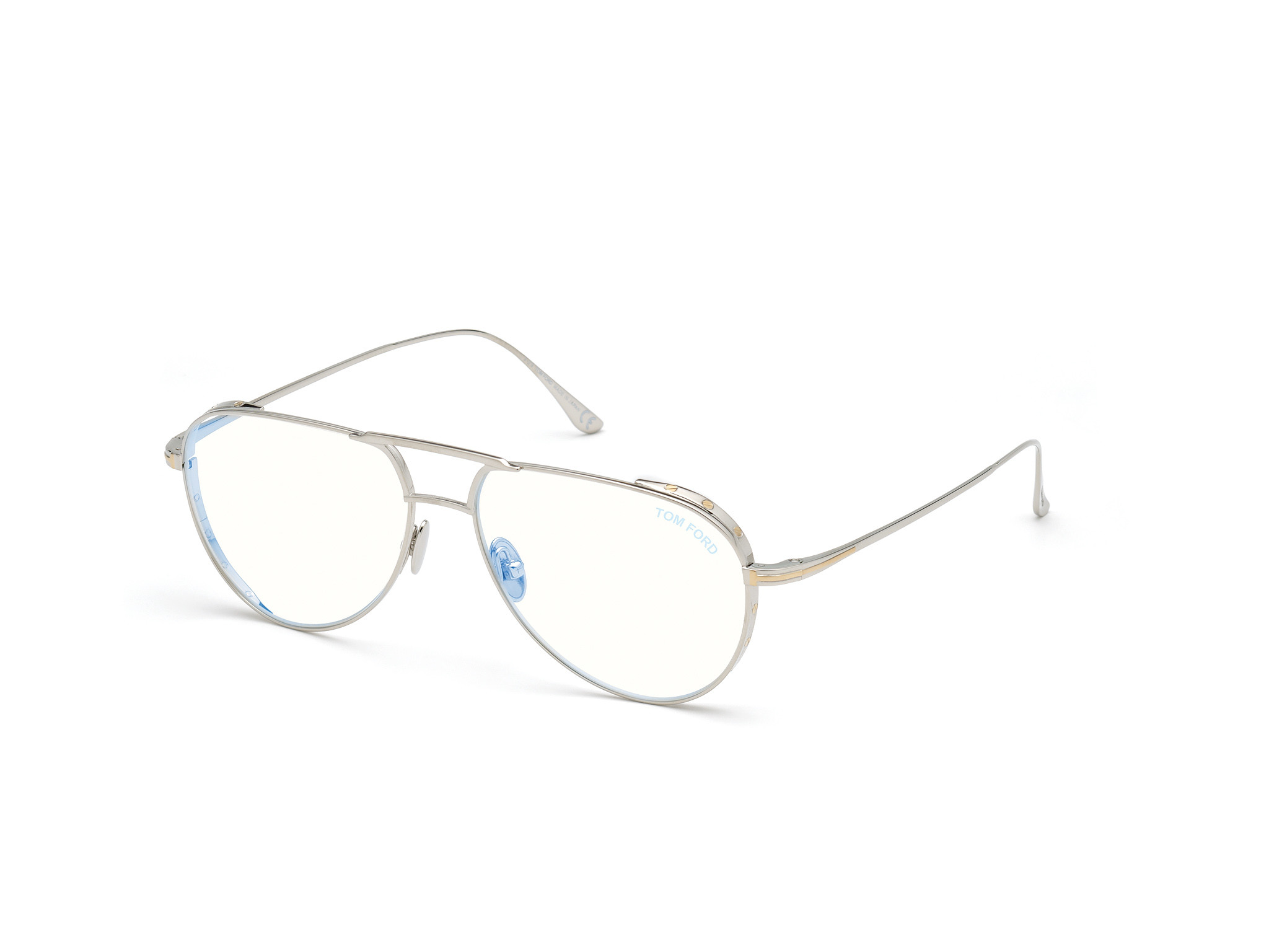 Tom Ford FT5658-B round eyeglasses in Shiny Rhodium/Blue Block Lenses