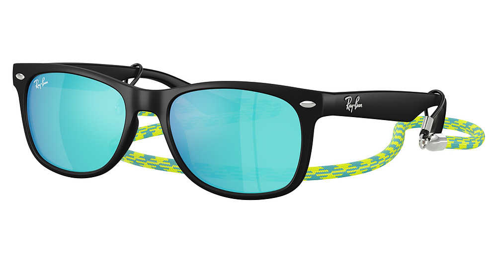 Ray-Ban RJ9052SF JUNIOR NEW WAYFARER round sunglasses in Rubber Black/Light Green Mirror Blue