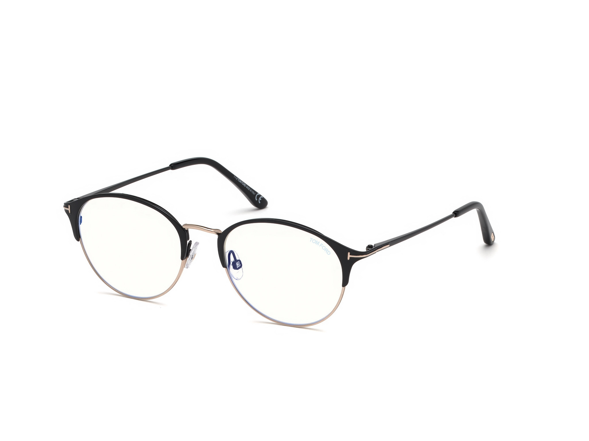 Shiny Black Enamel, Matte Rose Gold / Blue Block Lenses