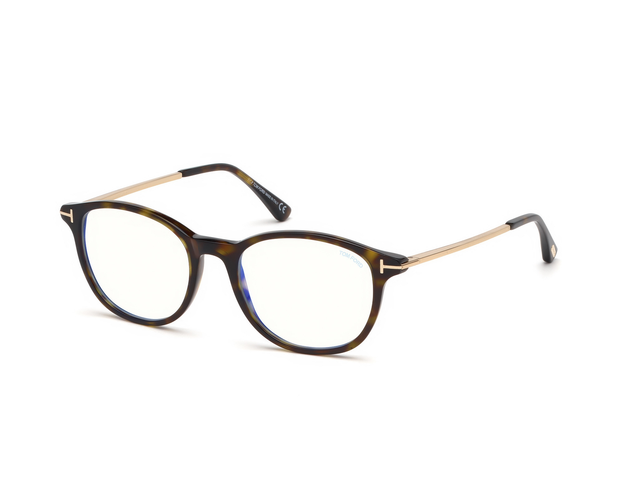 Tom Ford FT5553-F-B round eyeglasses in Shiny Dark Havana, Shiny Gold