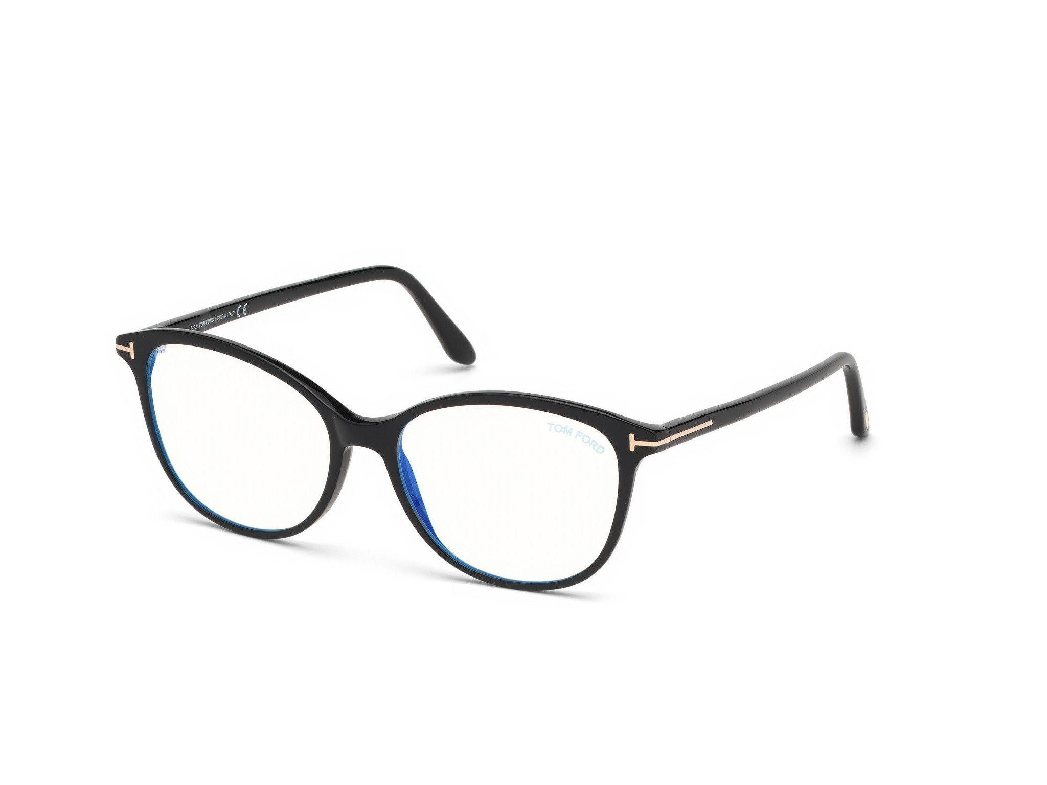 Tom Ford FT5576-F-B square eyeglasses in Shiny Black, Shiny Rose Gold "T"