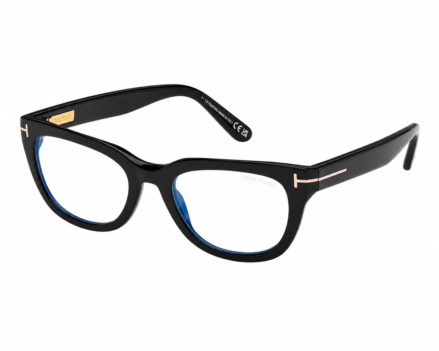 Shiny black acetate rectangular eyeglasses with blue inner rim and gold temple accents