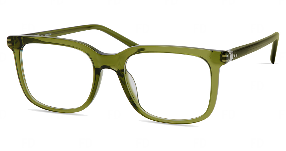 Olive green acetate rectangular eyeglasses with translucent frames and metal accents