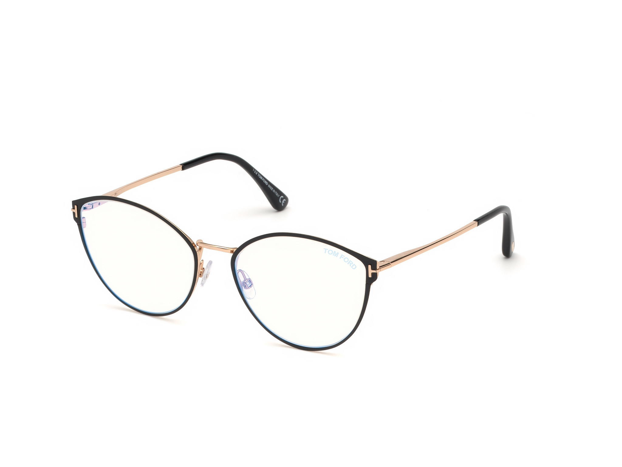 Shiny Black Enamel Front, Rose Gold, Black Tips/ Blue Block Lenses
