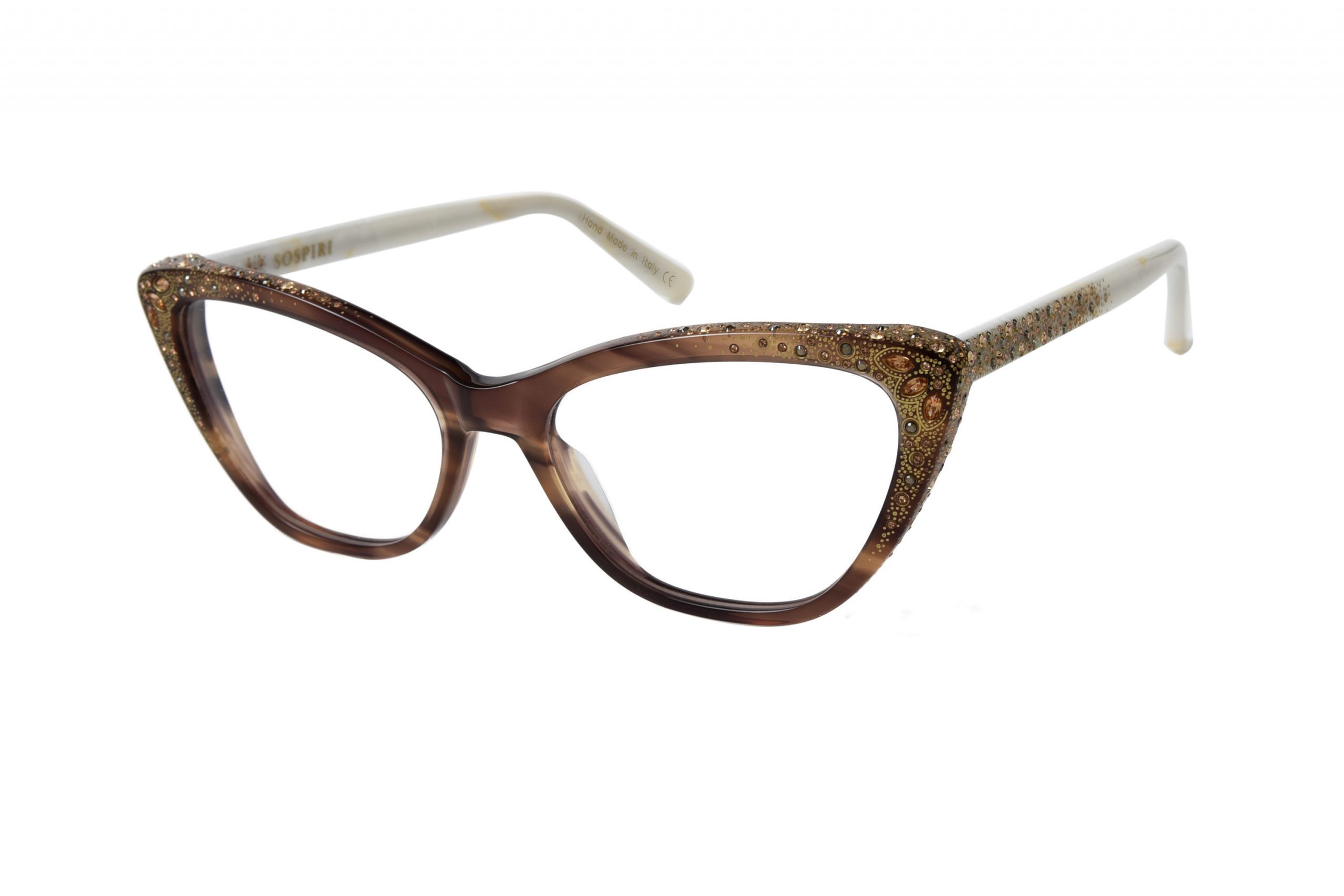 Smoked brown front with horn temples and light topaz crystals and gold laserwork