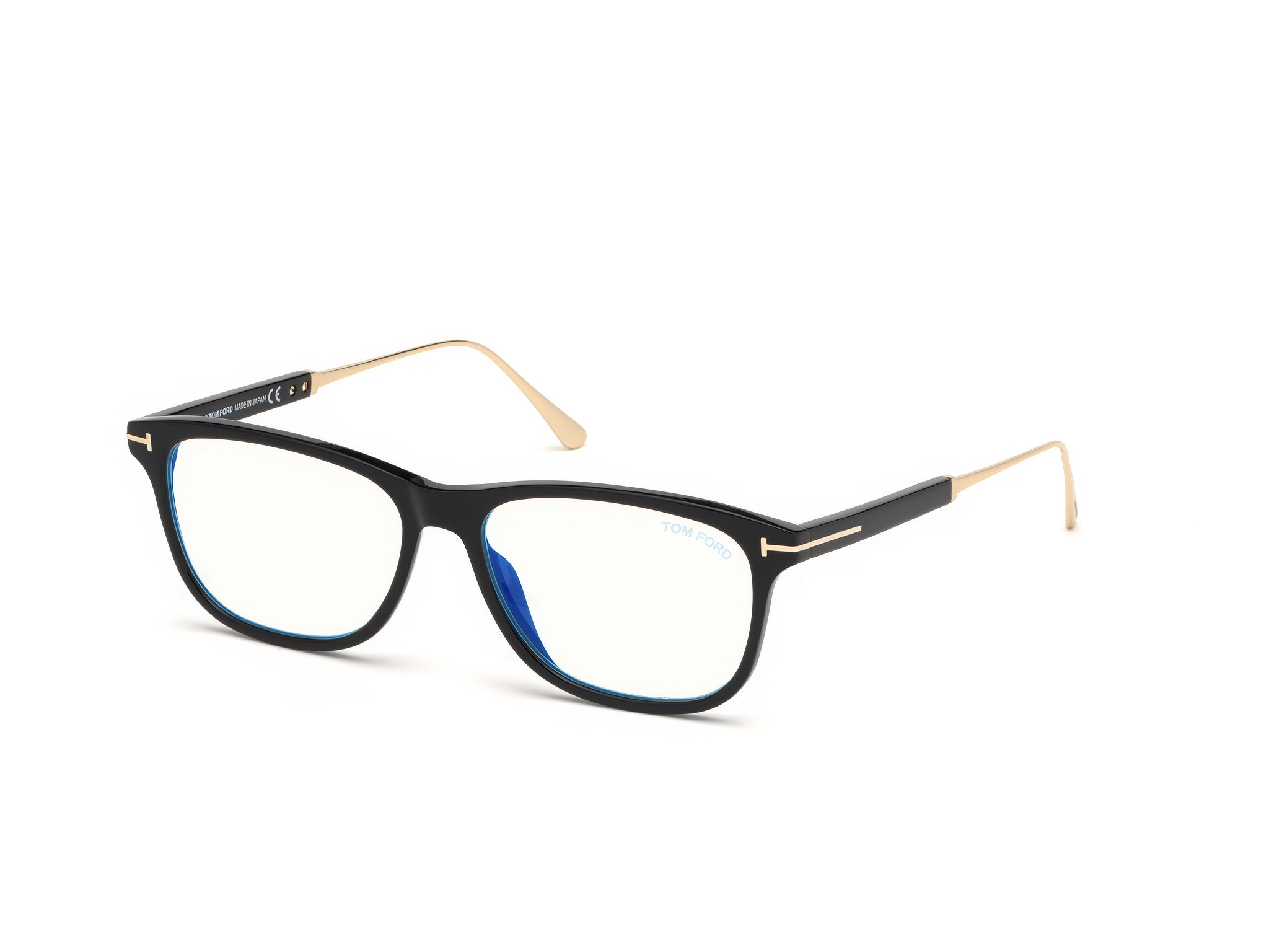 Tom Ford FT5589-B square eyeglasses in Black, Shiny Rose Gold/Blue Block Lenses