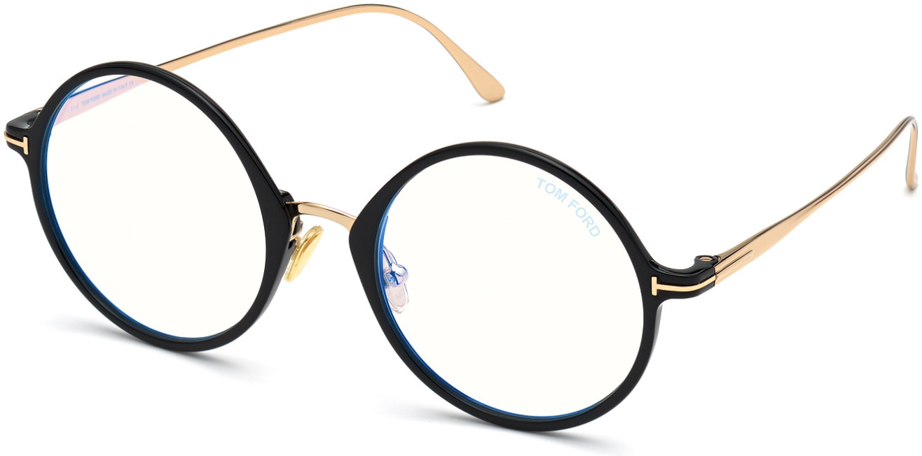 Tom Ford FT5703-B round eyeglasses in 001 Shiny Rose Gold, "T" Logo