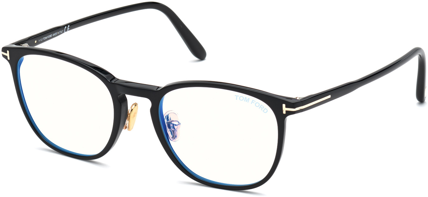 Tom Ford TF5700-B round eyeglasses in 001 Shiny Black/Blue Block Lenses